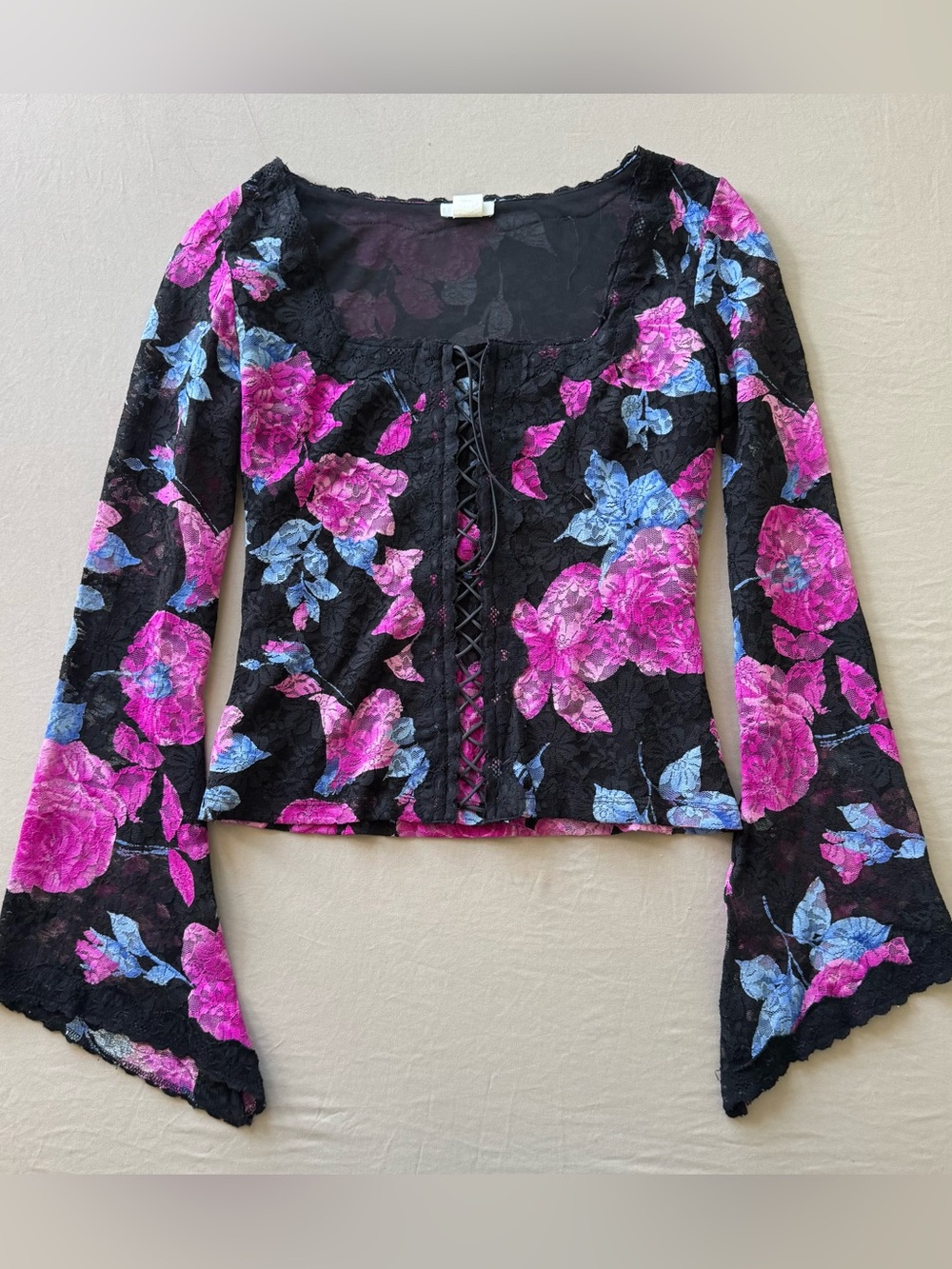 Vintage Cache Floral Corset Flute Sleeve Lace Top